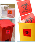 Built Different High Visibility Biohazard Warning Stickers 250 Roll Pack on waste containers in medical settings.