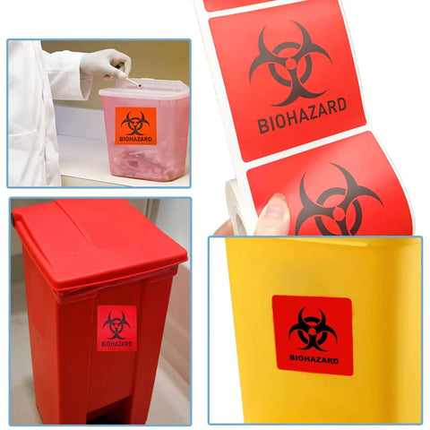 Built Different High Visibility Biohazard Warning Stickers 250 Roll Pack on waste containers in medical settings.