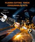24pcs Plasma Cutting Torch Consumables Kit With Heat Resistant Copper Electrodes And Hafnium Tip Plus Stainless Steel Nozzles For Durable IPT40 Cutter Performance showing stainless steel and copper parts for plasma cutting.