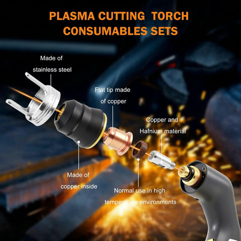 24pcs Plasma Cutting Torch Consumables Kit With Heat Resistant Copper Electrodes And Hafnium Tip Plus Stainless Steel Nozzles For Durable IPT40 Cutter Performance showing stainless steel and copper parts for plasma cutting.