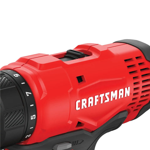 Close-up of V20 Cordless Drill And Driver Kit With One Half Inch Chuck Battery And Charger Included showing red exterior and speed settings