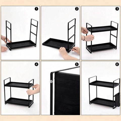 Assembly process of Coffee Station Organizer For Counter With Two Tier Wood Shelves And Three Compartment Pod Storage.