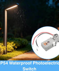 4 Pcs Photocell Sensor For Outdoor Lights 120VAC Dusk To Dawn Sensor with swivel mount shown next to illuminated pathway