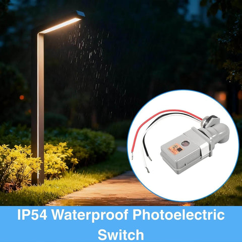 4 Pcs Photocell Sensor For Outdoor Lights 120VAC Dusk To Dawn Sensor with swivel mount shown next to illuminated pathway
