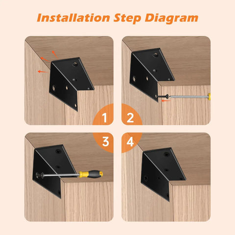 Installation steps for Heavy Duty 4 Pack L Brackets 4 Inch Wide Steel Corner Braces with screws for furniture and shelves.