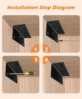 Installation step diagram for Eight Pack Tough As Nails L Brackets 2X2X4 Inch Heavy Duty Steel Corner Connectors With Ready To Use Screws For Bulletproof Furniture Shelves Cabinets And Pro Level DIY Builds Black.