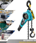 Manual Lever Chain Hoist 3/4 Ton Capacity, 5 Ft Ratchet Chain Puller with industrial use examples, blue finish