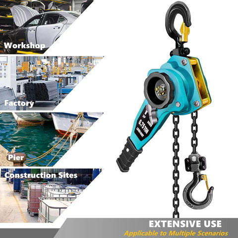 Manual Lever Chain Hoist 3/4 Ton Capacity, 5 Ft Ratchet Chain Puller with industrial use examples, blue finish