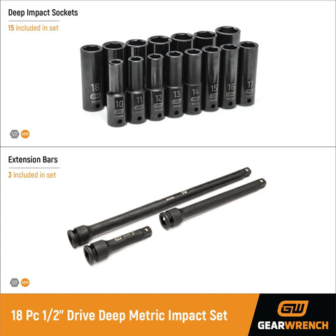 18 Piece Deep Metric Impact Socket Set for One Half Inch Drive, Off Corner Loading to Prevent Rounding, Black Oxide Finish