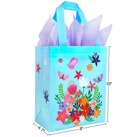 Mother's Day Gift Bags With Tissue Paper Floral Non-Woven Design 10x8x4.7 Inches Pink And Blue Two Pack Ideal For Wrapping Gifts For Mom Or Any Special Occasion