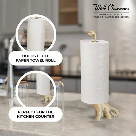 Totally Gold Dino Paper Towel Holder Stand for Kitchen and Bathroom Decor on countertop with full roll, whimsical gold dinosaur design