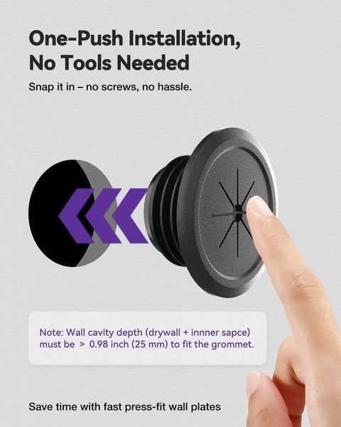 Installation guide showing one-push process for Four Pack Mini Black TV Cord Hiders Grommets with Drill Bit for wall pass throughs.