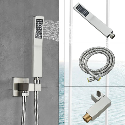 Brushed Nickel Shower System With 12 Inch Rain Head, Handheld Sprayer, Brass Valve, 1.5 Meter Stainless Hose, Wall Mounted Fixture