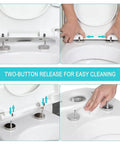 Top Shelf White Oval Toilet Seat With No Drama Soft Close Hinges Quick Top Fix Setup showing two-button release for easy cleaning.