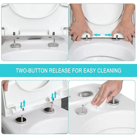 Top Shelf White Oval Toilet Seat With No Drama Soft Close Hinges Quick Top Fix Setup showing two-button release for easy cleaning.