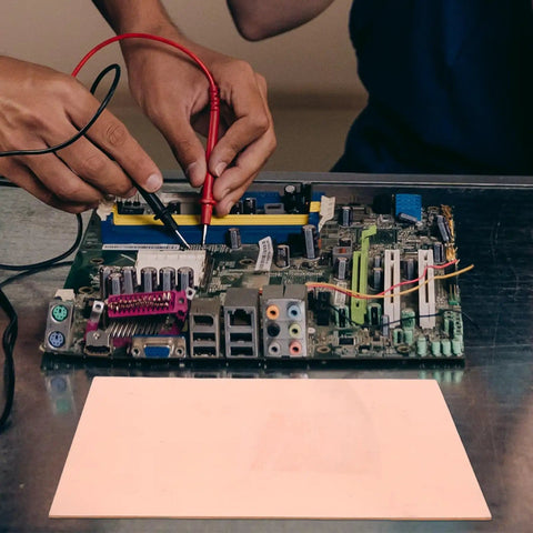 Person working on Single Sided Copper Clad PCB Laminate 1.4mm Thick Copper Plated Universal Circuit Board For Etching And DIY Prototyping Kit 20x30cm And 11.8x7.8 Inches For Easy Soldering And Circuit Projects on a workbench.