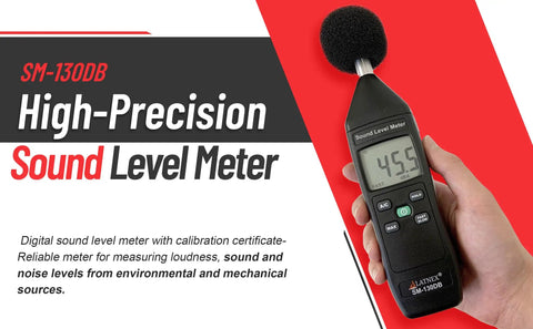Hand holding SM-130DB digital decibel meter with calibration certificate, displaying 45.5, for environmental noise monitoring
