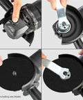 Brushless Cordless Angle Grinder, 21V 3000mAh Battery, 100mm Disc, 3-Speed Modes showing detachable guard and disc replacement.