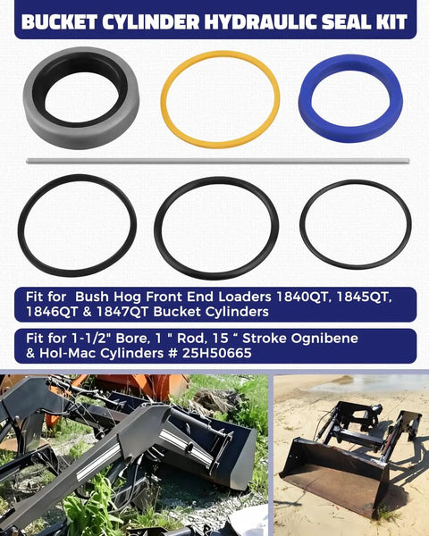 Bucket Cylinder Hydraulic Seal Kit For Bush Hog Front End Loaders Heavy Duty Replacement Fits One And A Half Inch Bore, One Inch Rod, Fifteen Inch Stroke Cylinders For 1840QT 1845QT 1846QT 1847QT 25H41702, seal rings shown