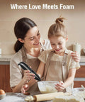 Woman and child using Rechargeable Electric Milk Frother Handheld 3 In 1 With LED Display And Wireless Charging in kitchen