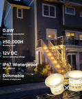 House with lit staircase using Recessed Deck Stair Lighting Kit With Timer Sensor And Photocell Dimmable 12V Low Voltage LED Step Lights IP67 Waterproof 16 Pack With Transformer And Easy Plug Connectors For Quick Patio And Stair Lighting at night, showing waterproof and dimmable features