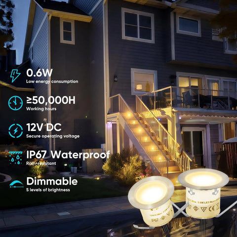 House with lit staircase using Recessed Deck Stair Lighting Kit With Timer Sensor And Photocell Dimmable 12V Low Voltage LED Step Lights IP67 Waterproof 16 Pack With Transformer And Easy Plug Connectors For Quick Patio And Stair Lighting at night, showing waterproof and dimmable features