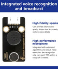 Voice Recognition Module With Custom Wake Word Plug-And-Play Sound Sensor Web-Configured Commands Multi-Language Support Firmware Generator Compatible With ESP32 And Arduino black PCB with microphone and speaker