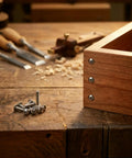 Top Shelf 304 Stainless Steel M4 X 30 Mm Phillips Flat Head Machine Screws 50 Piece Heavy Duty Kit on a woodworking table.