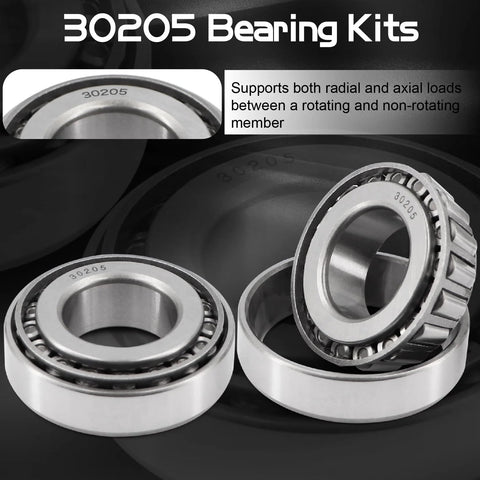 Trailer bearing kit 30205 with TC seal 30x52x10mm; includes 52mm OD dust cover and cotter pin for 25mm axles (2 sets)