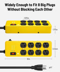 Beefy Heavy Duty 20 Amp Power Strip With 12 Gauge 6 Foot Extension Cord showing 8 5-20R outlets and measurements.