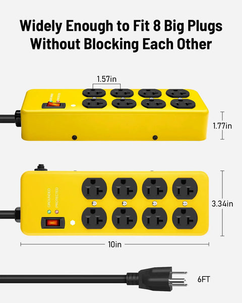 Beefy Heavy Duty 20 Amp Power Strip With 12 Gauge 6 Foot Extension Cord showing 8 5-20R outlets and measurements.