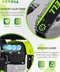 Close-up of heavy-duty gas powered chainsaw, highlighting quenched alloy chain and 3-vent system, 58cc engine, green color.