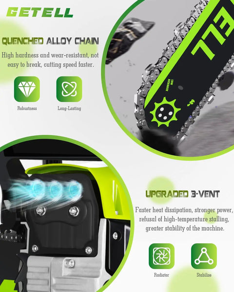 Close-up of heavy-duty gas powered chainsaw, highlighting quenched alloy chain and 3-vent system, 58cc engine, green color.