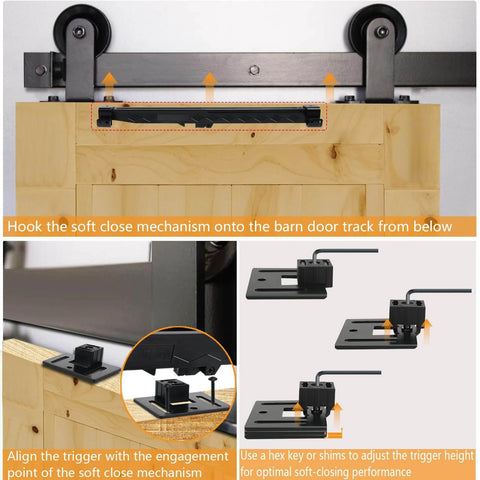 Installation process of 4-Piece No-Drill Soft Close Barn Door Hardware Kit For 70 To 160 Lb Sliding Doors, showing hidden track system.