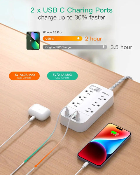 10 Ft Flat Plug Power Strip with 6 Outlets and 2 USB A Ports and 2 USB C Ports on a desk charging devices