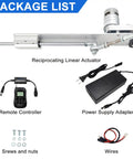 Really Badass Reciprocating Linear Actuator With Plug And Play Remote Timer Controller For Adjusting Stroke On Diy Projects Holiday Decor And Mixing Or Bending Tasks Powered By Dependable 24V Dc 775 Motor package list showing actuator, remote, adapter, and accessories.