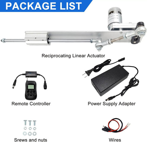 Really Badass Reciprocating Linear Actuator With Plug And Play Remote Timer Controller For Adjusting Stroke On Diy Projects Holiday Decor And Mixing Or Bending Tasks Powered By Dependable 24V Dc 775 Motor package list showing actuator, remote, adapter, and accessories.
