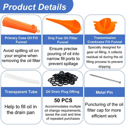 Motorcycle Oil Change Kit With Oil Filter Wrench And Reusable ABS Primary Case Oil Funnel Set Includes 50 Drain Plug O Rings 11105 product details