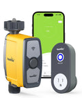 WiFi Water Timer For Garden Hose With App And Voice Control, Weather Based Irrigation System shown with smartphone and plug