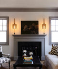 EHFMGYB Rattan Wall Sconces Set of Two Plug in, Boho Wall Lamp with 9.84FT Plug in Cord in stylish living room setting.