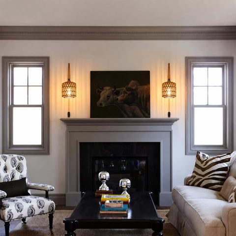 EHFMGYB Rattan Wall Sconces Set of Two Plug in, Boho Wall Lamp with 9.84FT Plug in Cord in stylish living room setting.
