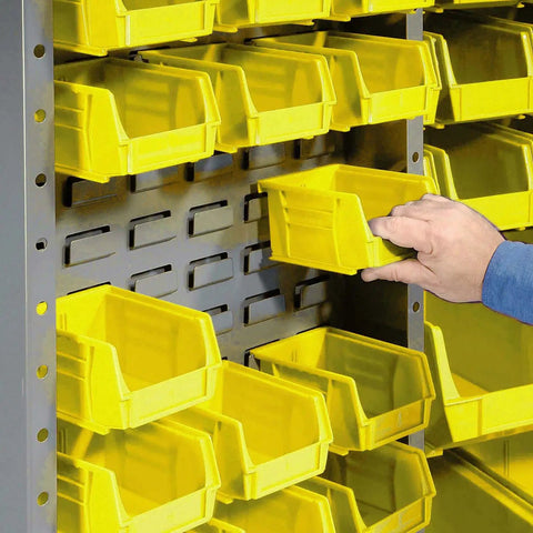 Heavy Duty Steel Garage Cabinet With Three Adjustable Shelves And 72 Bright Yellow Parts Bins showing adjustable yellow bins being organized.