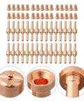 60-Piece Plasma Cutter Consumables Kit Fits PT-31 CT312 Cut 50 50A includes pure copper nozzles and electrodes organized in rows.