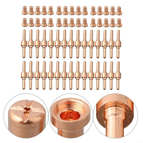 60-Piece Plasma Cutter Consumables Kit Fits PT-31 CT312 Cut 50 50A includes pure copper nozzles and electrodes organized in rows.