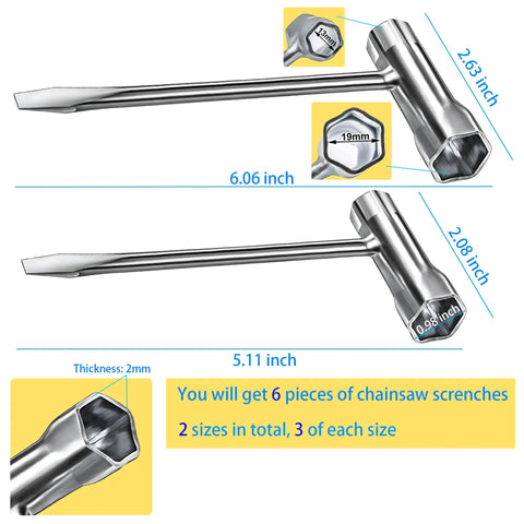 Six Pack Chainsaw Screwdriver Wrench Set In 13 By 19 Mm, Long And Short Sizes, Alloy Steel, Heat Treated, Galvanized Finish, Thickened Tools