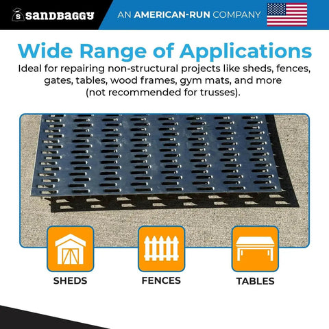 Heavy Duty Eight By Eight Inch Steel Mending Plates For Solid Wood Repair Features A Thick Hot Dipped Galvanized Finish on a concrete surface.