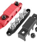 Heavy Duty Four Stud Power Distribution Block 250 Amp Bus Bar Junction With Weather Shield For Car Truck Rv Marine Boat showing red and black terminals.