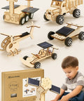 Child with 6-In-1 Solar Powered STEM Building Kit For Kids: Wooden DIY models of satellite, helicopter, and vehicles on display.
