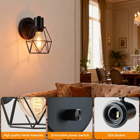 Black Industrial Wall Sconce with Dimmer and On Off Switch, adjustable cage head lighting in elegant living room