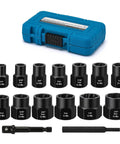 13 Piece Impact Bolt And Nut Remover Set With Hex Adapters For Stubborn Bolts Nut Extractor Socket Kit Metric And SAE Sizes One Quarter To Five Eighths Inch Heavy Duty Diy Tool For Cars And Trucks displayed with blue carrying case and socket pieces.